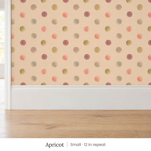 Celia Apricot peel and stick wallpaper, small 12 in repeat, above a white baseboard and oak floor