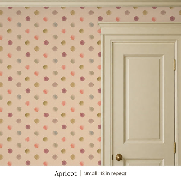 Celia Apricot peel and stick wallpaper, small 12 in repeat, beside a cream panel door