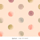 Celia wallpaper in Apricot, large 24 in repeat, watercolor dots in rose, plum, sage and gold on an apricot ground