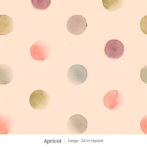 Celia wallpaper in Apricot, large 24 in repeat, watercolor dots in rose, plum, sage and gold on an apricot ground