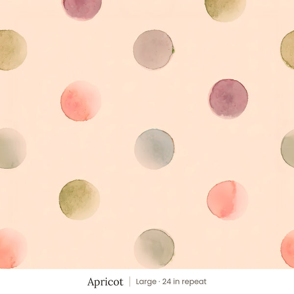 Celia wallpaper in Apricot, large 24 in repeat, watercolor dots in rose, plum, sage and gold on an apricot ground