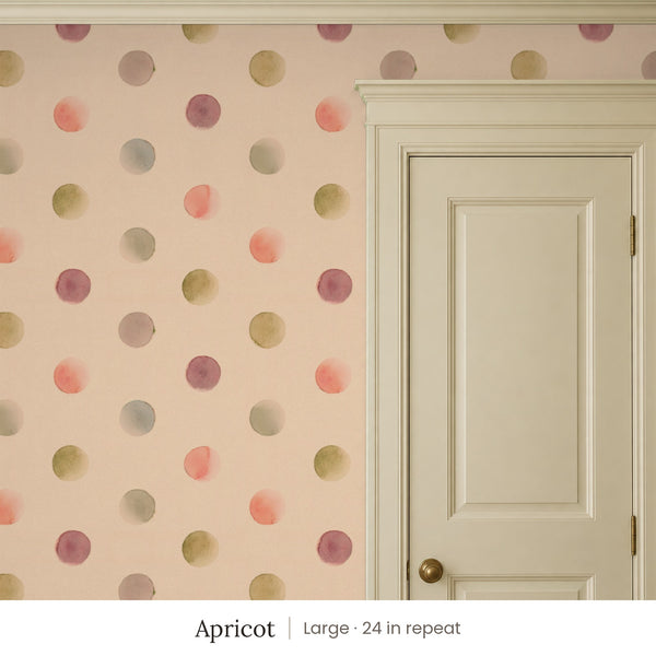 Celia Apricot peel and stick wallpaper, large 24 in repeat, beside a cream panel door