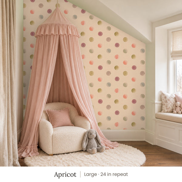 Celia Apricot peel and stick wallpaper, large 24 in repeat, in a girl's reading nook with a pink canopy and a window seat