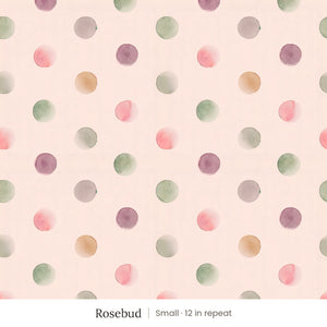 Celia wallpaper in Rosebud, small 12 in repeat, watercolor dots in pink, plum, sage and amber on a blush ground