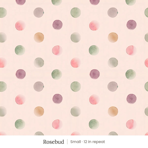 Celia wallpaper in Rosebud, small 12 in repeat, watercolor dots in pink, plum, sage and amber on a blush ground