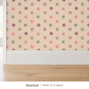 Celia Rosebud peel and stick wallpaper, small 12 in repeat, above a white baseboard and oak floor