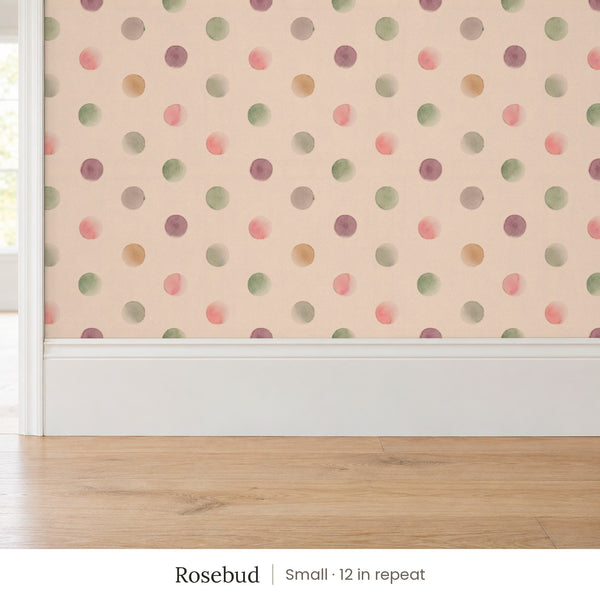Celia Rosebud peel and stick wallpaper, small 12 in repeat, above a white baseboard and oak floor