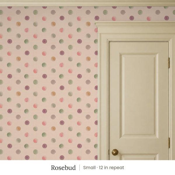Celia Rosebud peel and stick wallpaper, small 12 in repeat, beside a cream panel door