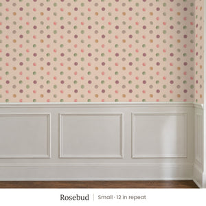 Celia Rosebud peel and stick wallpaper, small 12 in repeat, above white panel wainscoting