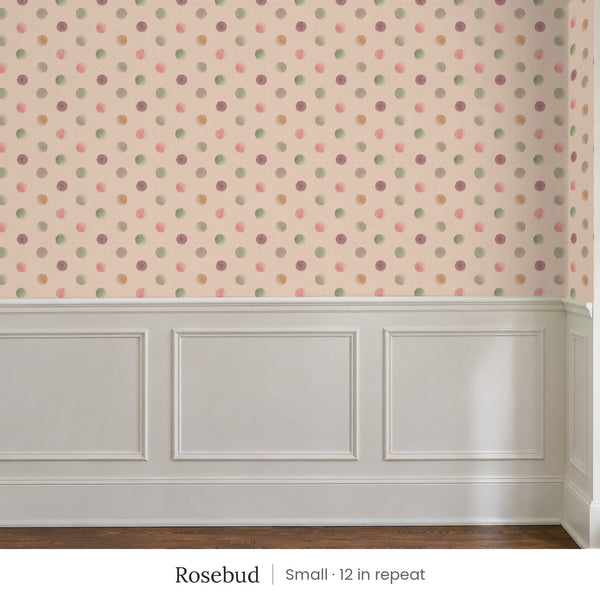 Celia Rosebud peel and stick wallpaper, small 12 in repeat, above white panel wainscoting