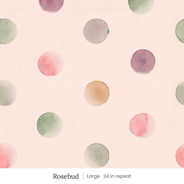 Celia wallpaper in Rosebud, large 24 in repeat, watercolor dots in pink, plum, sage and amber on a blush ground
