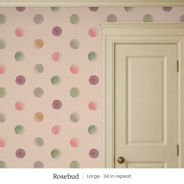 Celia Rosebud peel and stick wallpaper, large 24 in repeat, beside a cream panel door