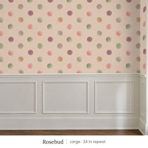 Celia Rosebud peel and stick wallpaper, large 24 in repeat, above white panel wainscoting
