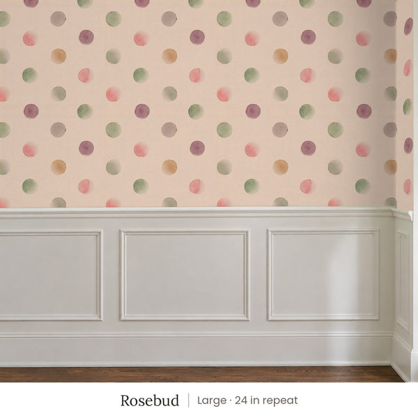 Celia Rosebud peel and stick wallpaper, large 24 in repeat, above white panel wainscoting