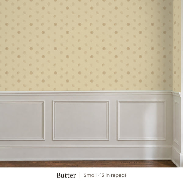 Celia Butter peel and stick wallpaper, small 12 in repeat, above white panel wainscoting