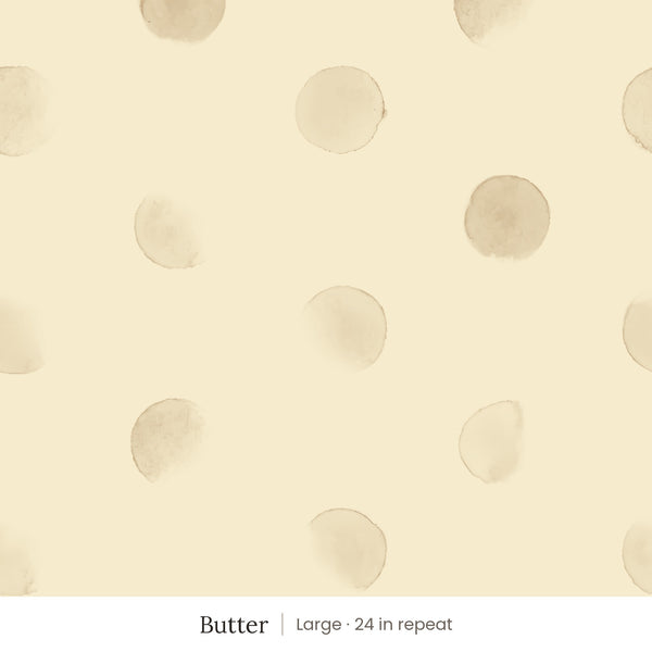 Celia wallpaper in Butter, large 24 in repeat, soft tan watercolor dots on a butter yellow ground