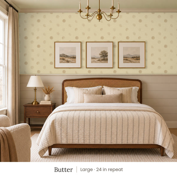 Celia Butter peel and stick wallpaper, large 24 in repeat, in a bedroom with shiplap paneling and framed landscape prints