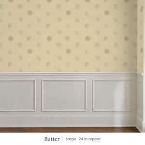 Celia Butter peel and stick wallpaper, large 24 in repeat, above white panel wainscoting