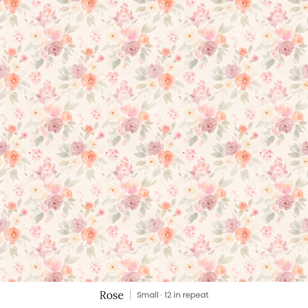 Ashwell wallpaper in Rose, small 12 in repeat, watercolor roses in pink, peach and coral with sage leaves on a blush cream ground