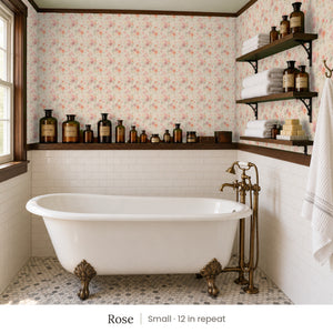 Ashwell Rose peel and stick wallpaper, small 12 in repeat, in a bathroom with a clawfoot tub and open shelves