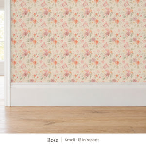 Ashwell Rose peel and stick wallpaper, small 12 in repeat, above a white baseboard and oak floor