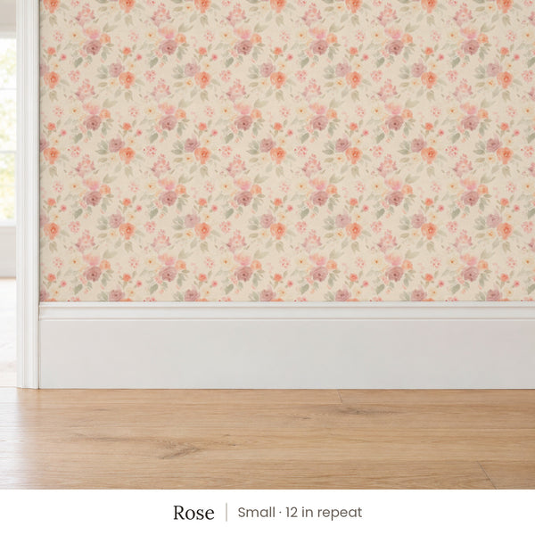 Ashwell Rose peel and stick wallpaper, small 12 in repeat, above a white baseboard and oak floor