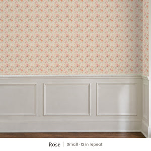 Ashwell Rose peel and stick wallpaper, small 12 in repeat, above white panel wainscoting