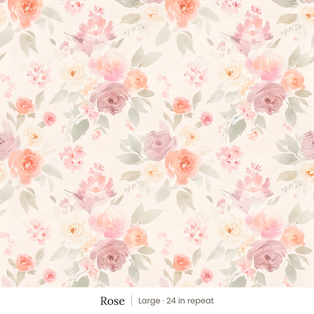 Ashwell Rose peel and stick wallpaper, large 24 in repeat, in a bathroom with a clawfoot tub and open shelves