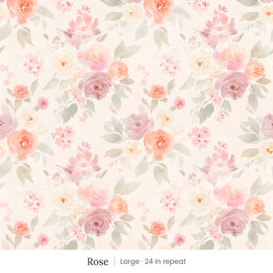 Ashwell wallpaper in Rose, large 24 in repeat, watercolor roses in pink, peach and coral with sage leaves on a blush cream ground