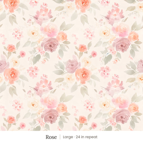 Ashwell wallpaper in Rose, large 24 in repeat, watercolor roses in pink, peach and coral with sage leaves on a blush cream ground