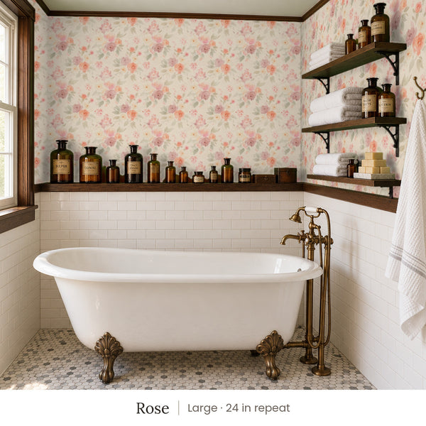 Ashwell Rose peel and stick wallpaper, large 24 in repeat, in a bathroom with a clawfoot tub and open shelves