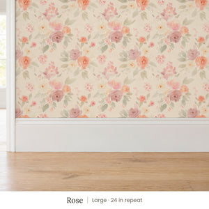 Ashwell Rose peel and stick wallpaper, large 24 in repeat, above a white baseboard and oak floor