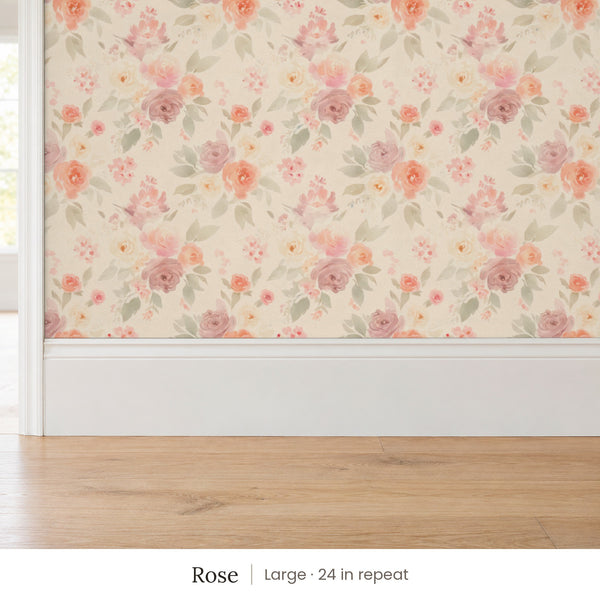 Ashwell Rose peel and stick wallpaper, large 24 in repeat, above a white baseboard and oak floor