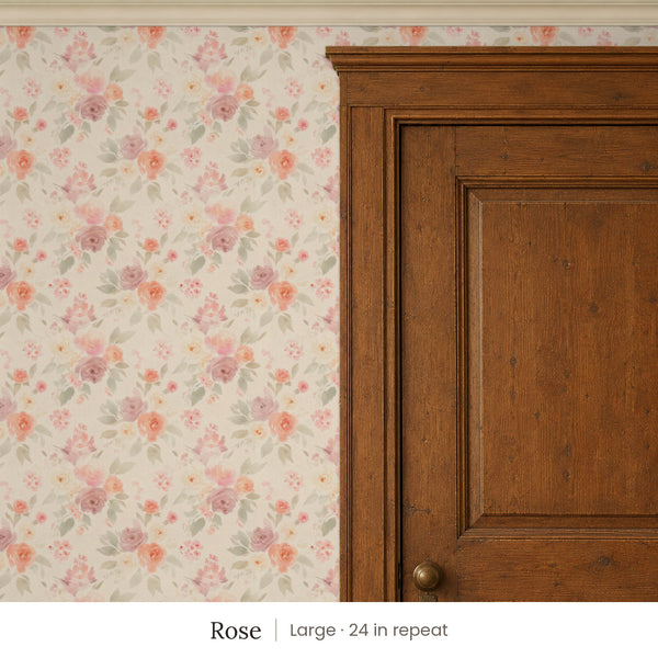 Ashwell Rose peel and stick wallpaper, large 24 in repeat, beside a dark wood panel door