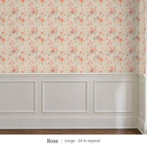 Ashwell Rose peel and stick wallpaper, large 24 in repeat, above white panel wainscoting