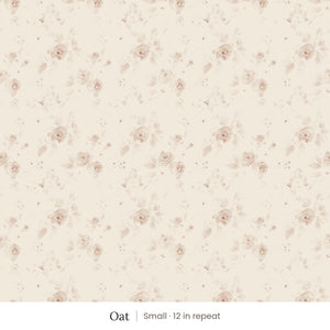 Ashwell wallpaper in Oat, small 12 in repeat, soft dusty pink watercolor roses and leaves on an oat ground