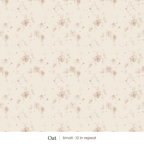 Ashwell wallpaper in Oat, small 12 in repeat, soft dusty pink watercolor roses and leaves on an oat ground