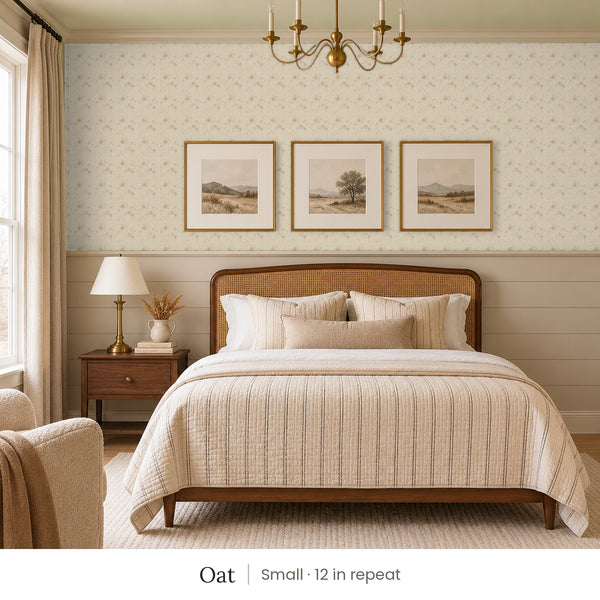Ashwell Oat peel and stick wallpaper, small 12 in repeat, in a bedroom with shiplap paneling and framed landscape prints