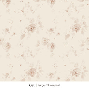 Ashwell wallpaper in Oat, large 24 in repeat, soft dusty pink watercolor roses and leaves on an oat ground