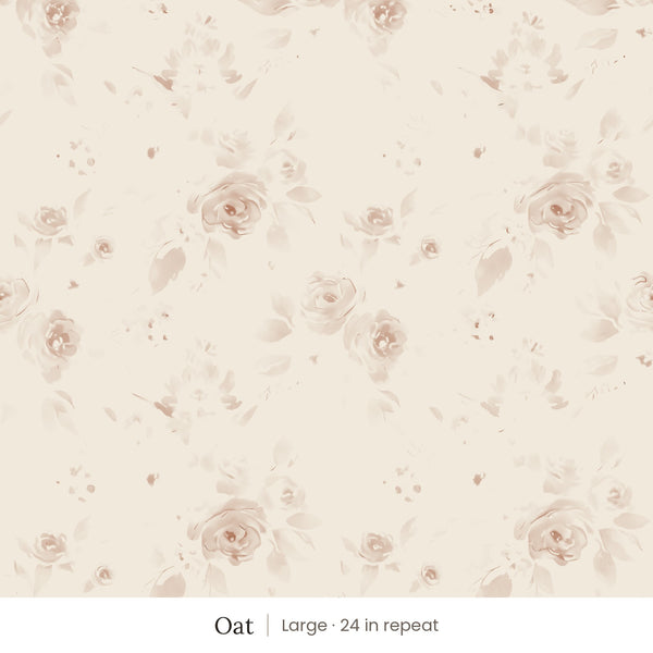 Ashwell wallpaper in Oat, large 24 in repeat, soft dusty pink watercolor roses and leaves on an oat ground