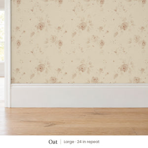 Ashwell Oat peel and stick wallpaper, large 24 in repeat, above a white baseboard and oak floor
