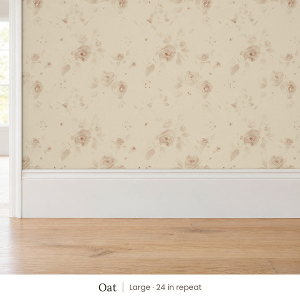 Ashwell Oat peel and stick wallpaper, large 24 in repeat, above a white baseboard and oak floor