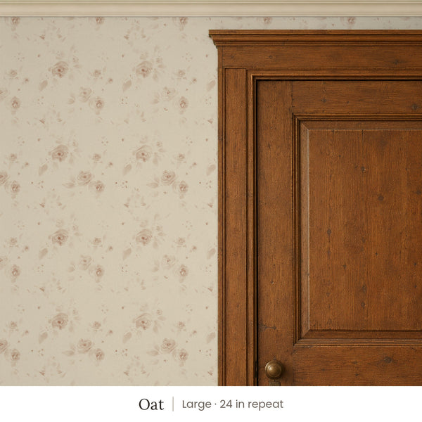 Ashwell Oat peel and stick wallpaper, large 24 in repeat, beside a dark wood panel door