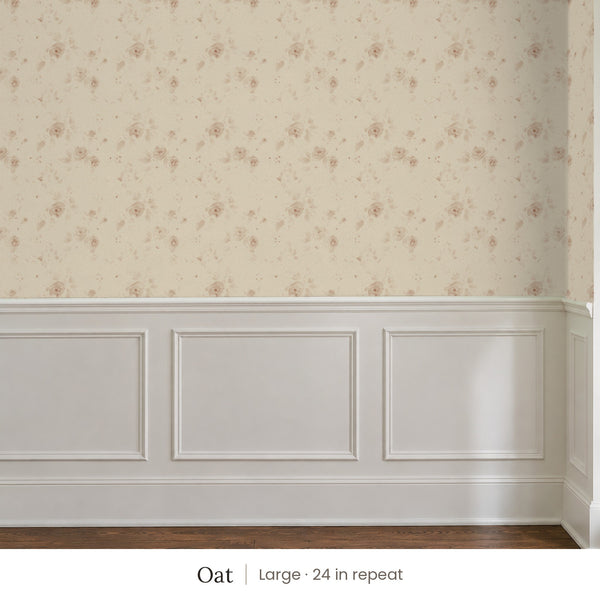 Ashwell Oat peel and stick wallpaper, large 24 in repeat, above white panel wainscoting