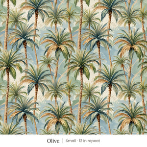 Palm wallpaper in Olive, small 12 in repeat, painted palm trees in green and blue on a cream ground