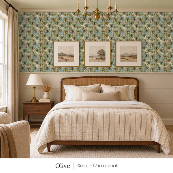Palm Olive peel and stick wallpaper, small 12 in repeat, in a bedroom with shiplap paneling and framed landscape prints