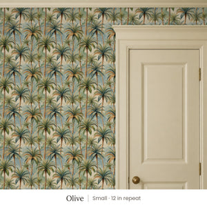 Palm Olive peel and stick wallpaper, small 12 in repeat, beside a cream panel door