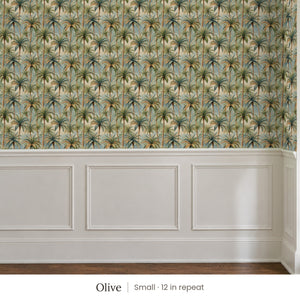 Palm Olive peel and stick wallpaper, small 12 in repeat, above white panel wainscoting