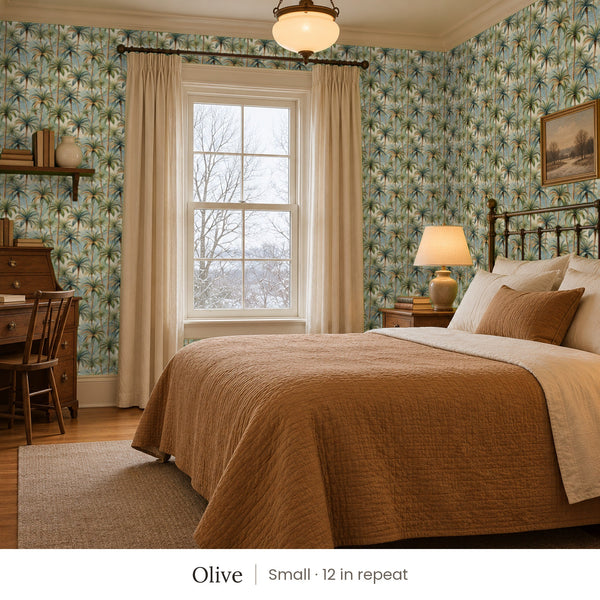 Palm Olive peel and stick wallpaper, small 12 in repeat, in a bedroom with an iron bed and a writing desk