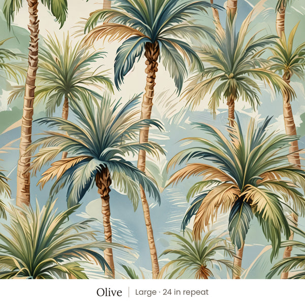 Palm wallpaper in Olive, large 24 in repeat, painted palm trees in green and blue on a cream ground